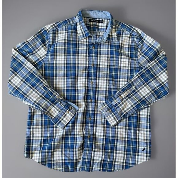 Nautica Button Down Shirt Multicolor Blue Tartan Plaid Embroidered Logo XL - Picture 1 of 3